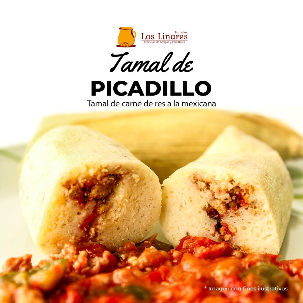 Tamal de picadillo, un tamal de carne de res a la mexicana, acompañado de salsa.