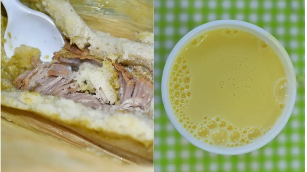 Tamale with shredded meat and a cup of atole on a checkered green background.