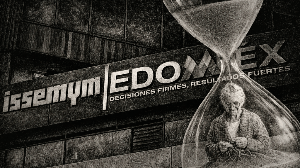 Ilustración del logotipo de ISSEMyM en Edomex, con un fondo oscuro y un reloj de arena en primer plano, en el que una persona mayor está tejiendo, simbolizando el paso del tiempo y la toma de decisiones.