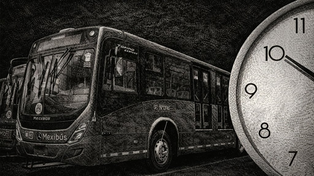 Ilustración de un autobús Mexibús con el texto 'Torino Express' y un reloj en el lado derecho, simbolizando la movilidad y el tiempo de traslado en el Estado de México.