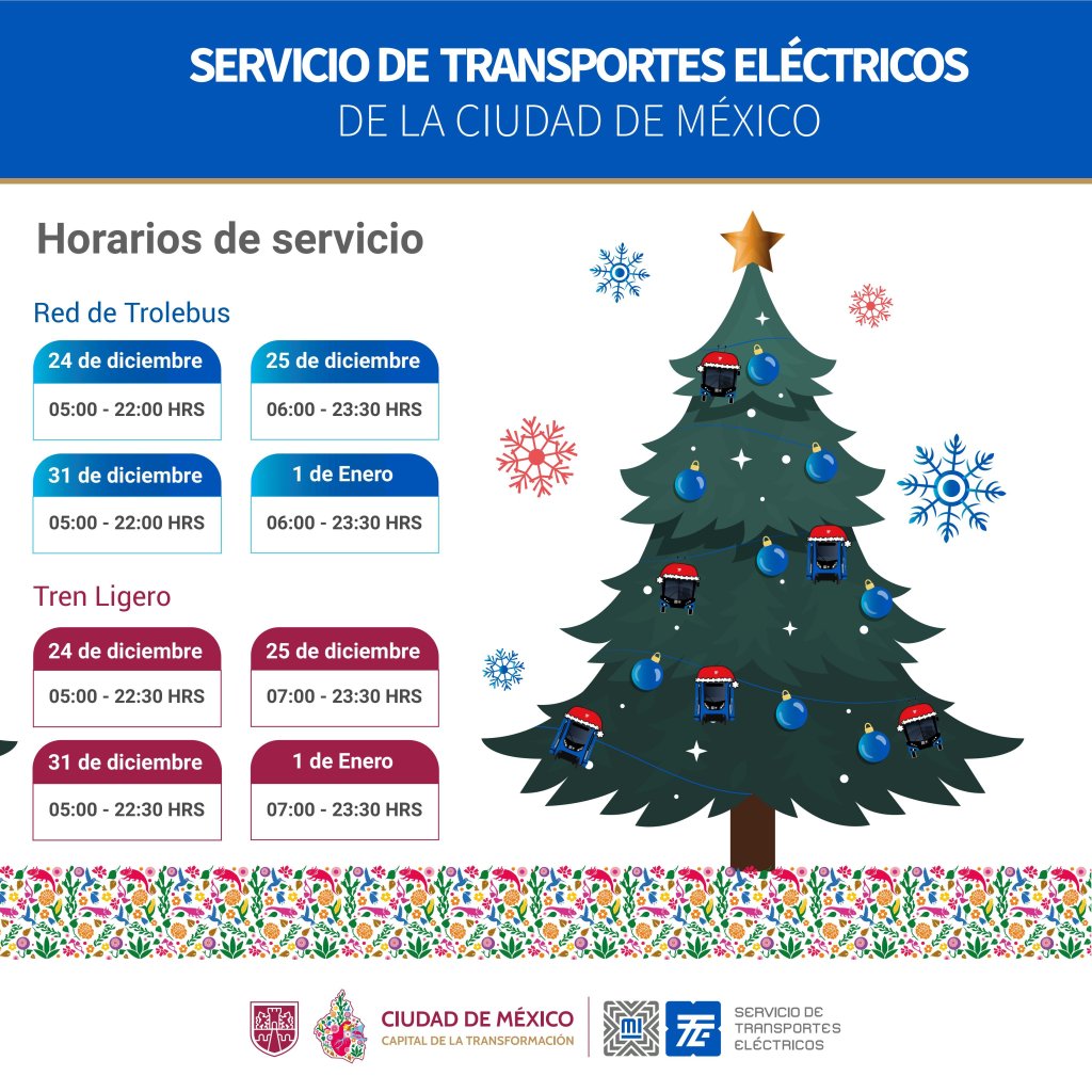 Imagen que muestra horarios de servicio de la Red de Trolebús y el Tren Ligero de la Ciudad de México durante las festividades de diciembre y enero, con un árbol de Navidad decorado en el fondo.