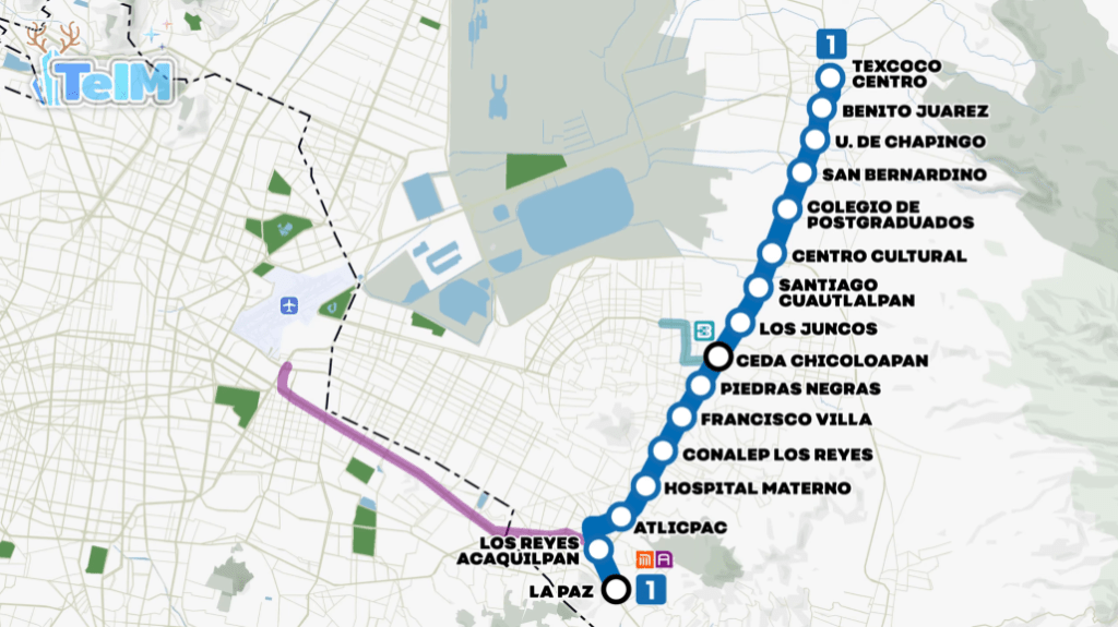 Mapa de la línea 1 del tren ligero que conecta La Paz y Texcoco, mostrando estaciones clave y el recorrido aproximado de 21 kilómetros.