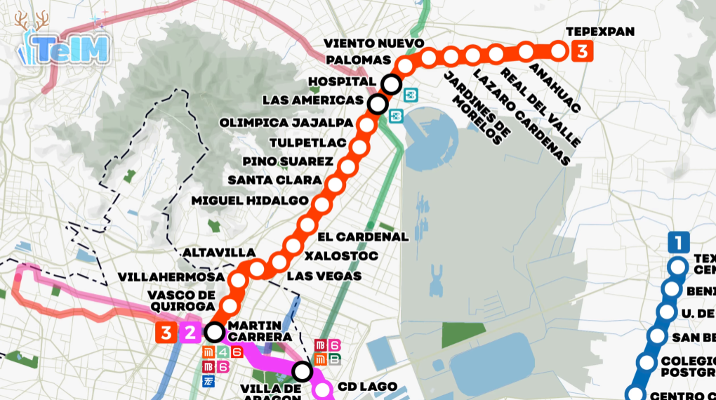 Mapa de la red de tren ligero propuesta en el Edomex, mostrando las líneas 1 a 4 y sus principales estaciones.
