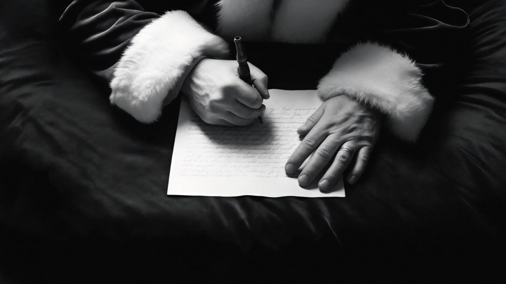 Manos de Santa Claus escribiendo una carta sobre un fondo oscuro, con atención al detalle en la escritura y la vestimenta.