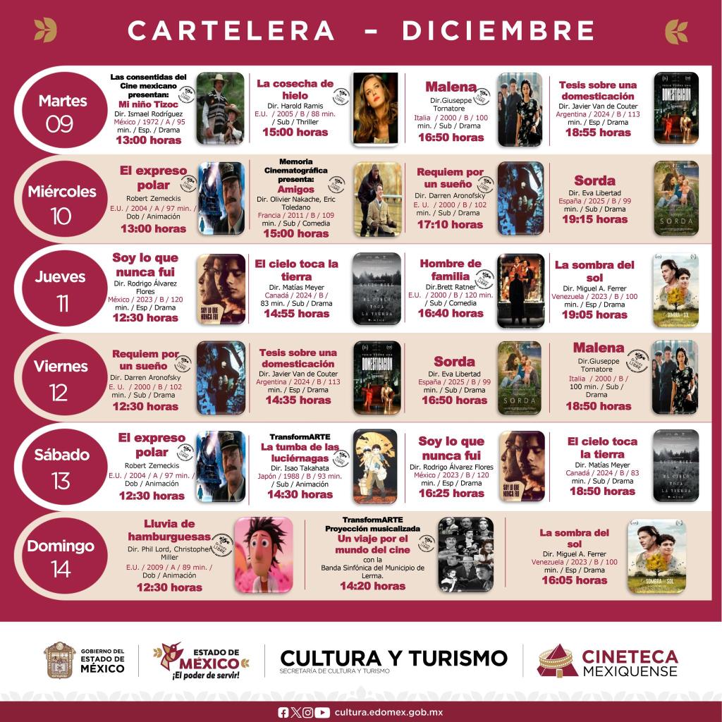 Cartelera de películas para diciembre en la Cineteca Mexiquense, con horarios, títulos y directores de cada film.