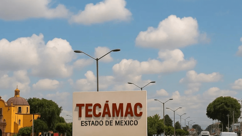 Cartel del municipio de Tecámac, Estado de México, con un fondo de cielo nublado y edificios al lado.