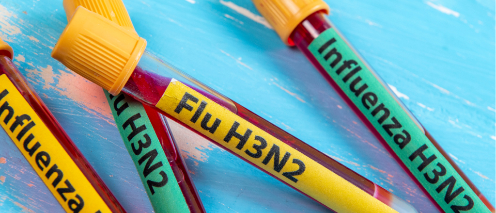 Viales de prueba de sangre etiquetados con 'Influenza H3N2' sobre una superficie azul.