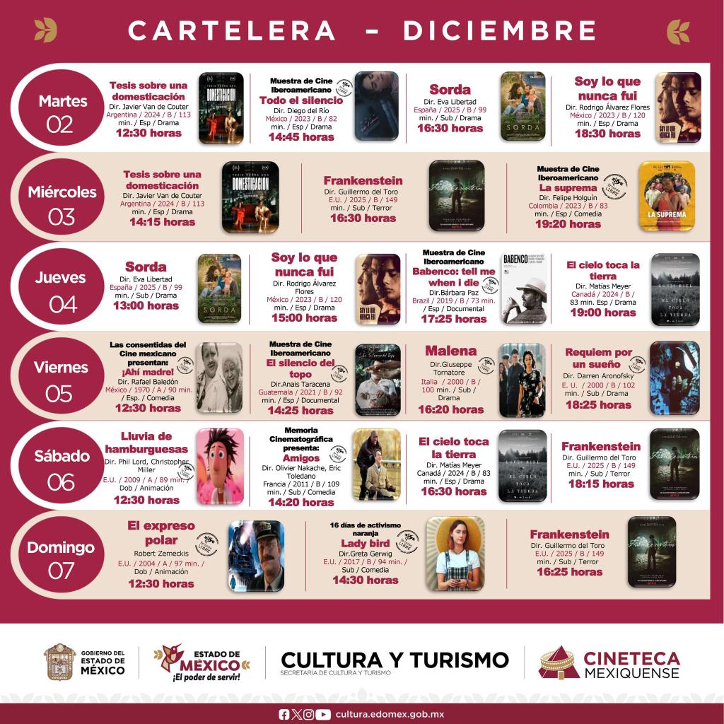 Cartelera de cine para diciembre en la Cineteca Mexiquense con horarios y títulos de películas programadas.