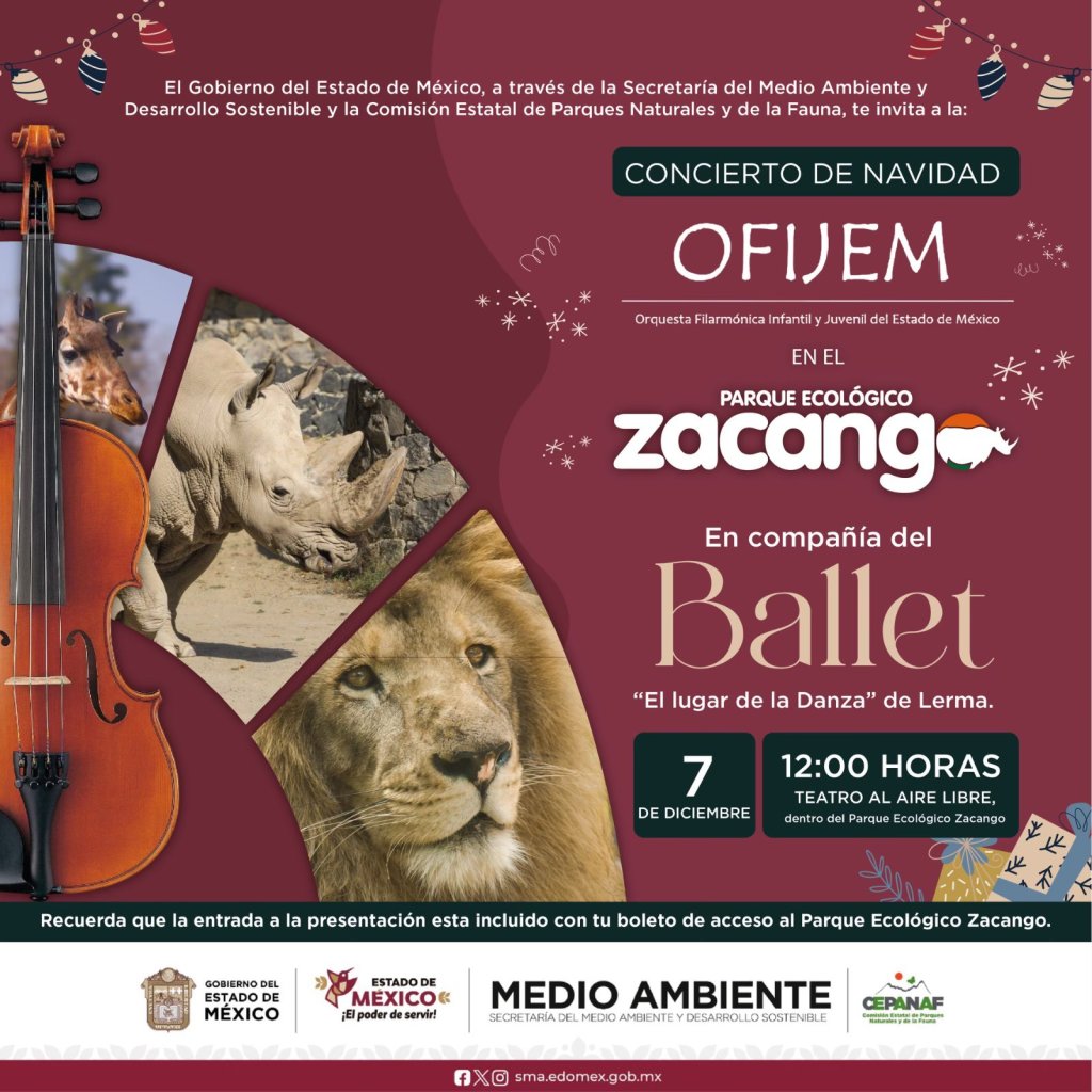 Cartel promocional para el concierto de Navidad de la Orquesta Filarmónica Infantil y Juvenil del Estado de México, OFIJEM, en el Parque Ecológico Zacango. Incluye imágenes de un violonchelo, un rinoceronte, un león y detalles navideños. La fecha del evento es el 7 de diciembre a las 12:00 horas.