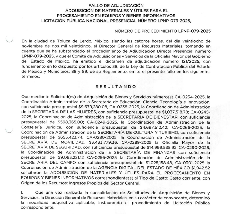 Documento de adjudicación para la adquisición de materiales y útiles para el procesamiento en equipos y bienes informáticos en Toluca, México, detallando el número de procedimiento y las entidades involucradas.