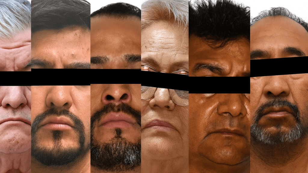 Retrato de varias personas con rostros parcialmente cubiertos por bandas negras, mostrando expresiones serias. Las imágenes sugieren una conexión con un tema de justicia o delito.