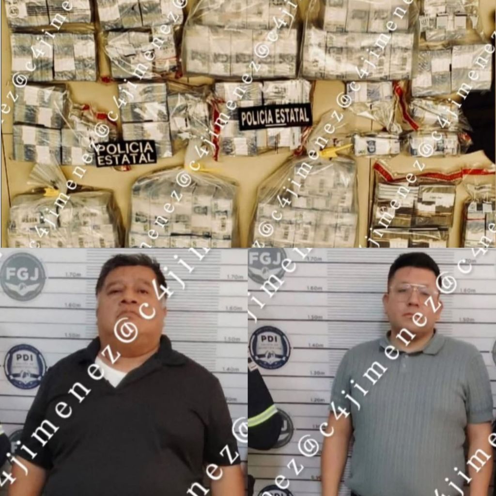 Imagen que muestra varios paquetitos de dinero en efectivo, etiquetados con la palabra 'Policía Estatal', apilados en una pared. También incluye dos hombres en una fila de fotos de identificación, con un fondo de líneas de altura.