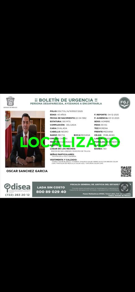 Boletín de urgencia sobre Óscar Sánchez, persona desaparecida, con detalles como edad, características físicas y lugar de desaparición en Toluca. Incluye un código QR para más información.