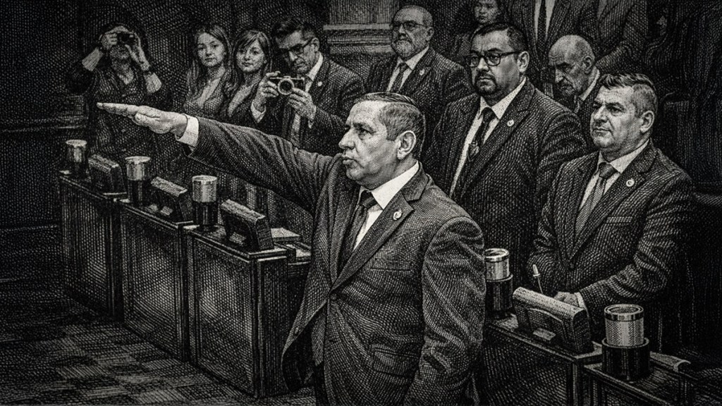 Un grupo de personas observa a un hombre que está levantando la mano en un entorno formal, posiblemente en una ceremonia o sesión legislativa.