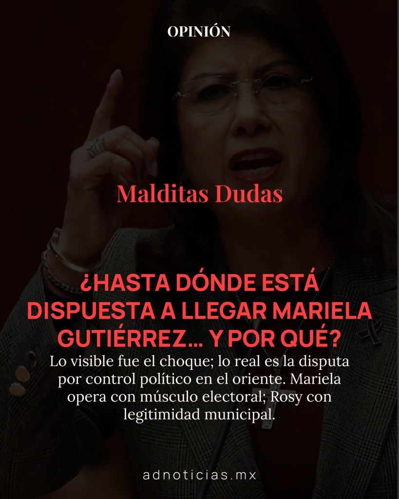 Imagen de una mujer con gafas y chaqueta, hablando enérgicamente, acompañada de un texto sobre la disputa política en el oriente de México y el papel de Mariela Gutiérrez.