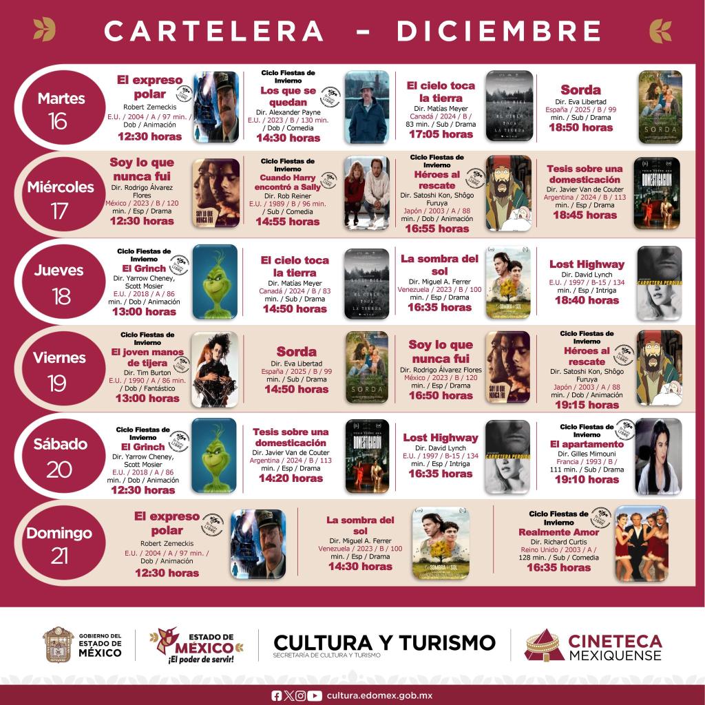 Cartelera de películas en Cineteca Mexiquense para diciembre, incluyendo diversos títulos y horarios.