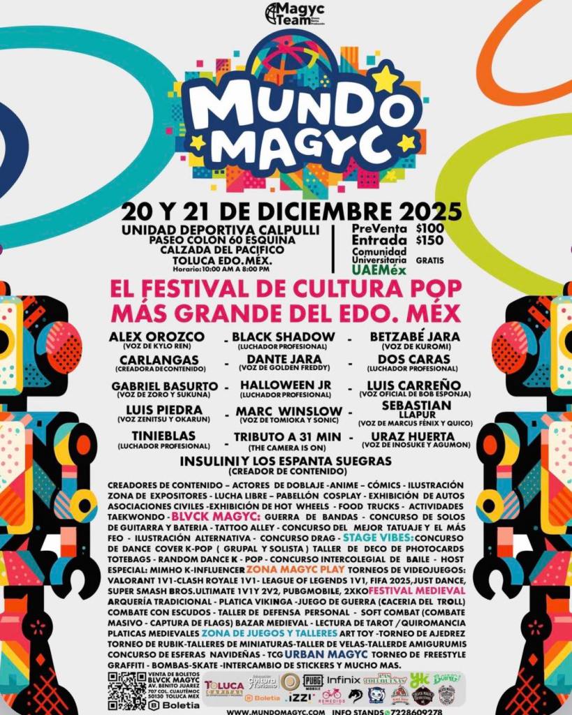 Cartel promocional del festival de cultura pop Mundo Magyc, que se realizará el 20 y 21 de diciembre de 2025 en Toluca, mostrando nombres de artistas, actividades y detalles del evento.
