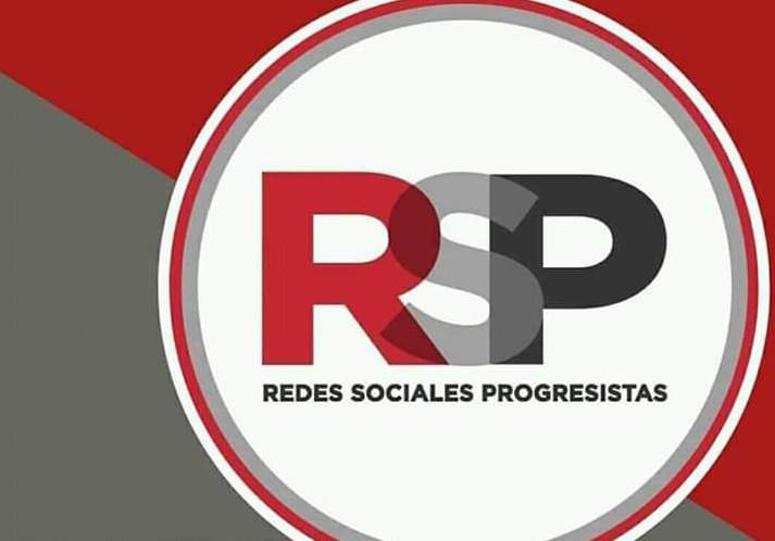 Logo del partido Redes Sociales Progresistas (RSP) con un diseño circular en fondo rojo y gris, mostrando las letras RSP en colores negro y rojo.