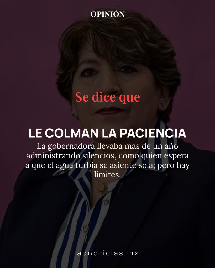 Retrato de una mujer con cabello castaño y ondas suaves, vestida con un blazer, frente a un fondo de color púrpura. Texto en la imagen destaca un mensaje sobre la paciencia de una gobernadora que ha estado administrando silencios.