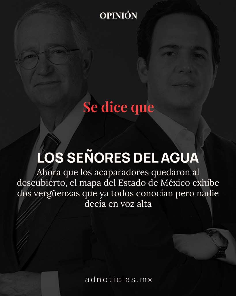 Imagen con dos hombres en primer plano, con fondo oscuro, acompañada del título 'LOS SEÑORES DEL AGUA' y un resumen sobre la exposición de la situación del agua en el Estado de México.