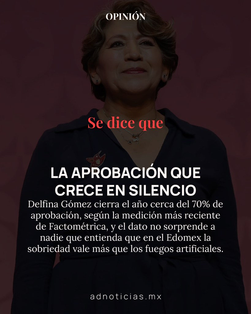 Retrato de Delfina Gómez sonriendo, con un fondo en tonos rojos y el texto destacando su aprobación cercana al 70% en el Edomex.