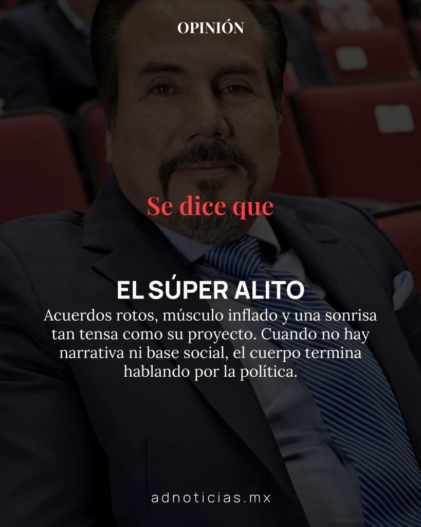 Retrato de un político con cabello y barba oscura, vestido con traje y corbata, sentado en un auditorio con asientos rojos, mostrando una expresión seria mientras se destaca un texto sobre él.