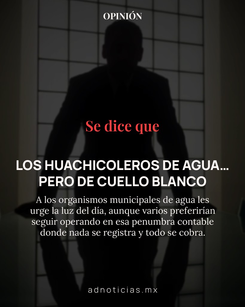 Silueta de una figura masculina frente a una ventana iluminada, con texto superpuesto que habla sobre la corrupción en organismos de agua municipal.