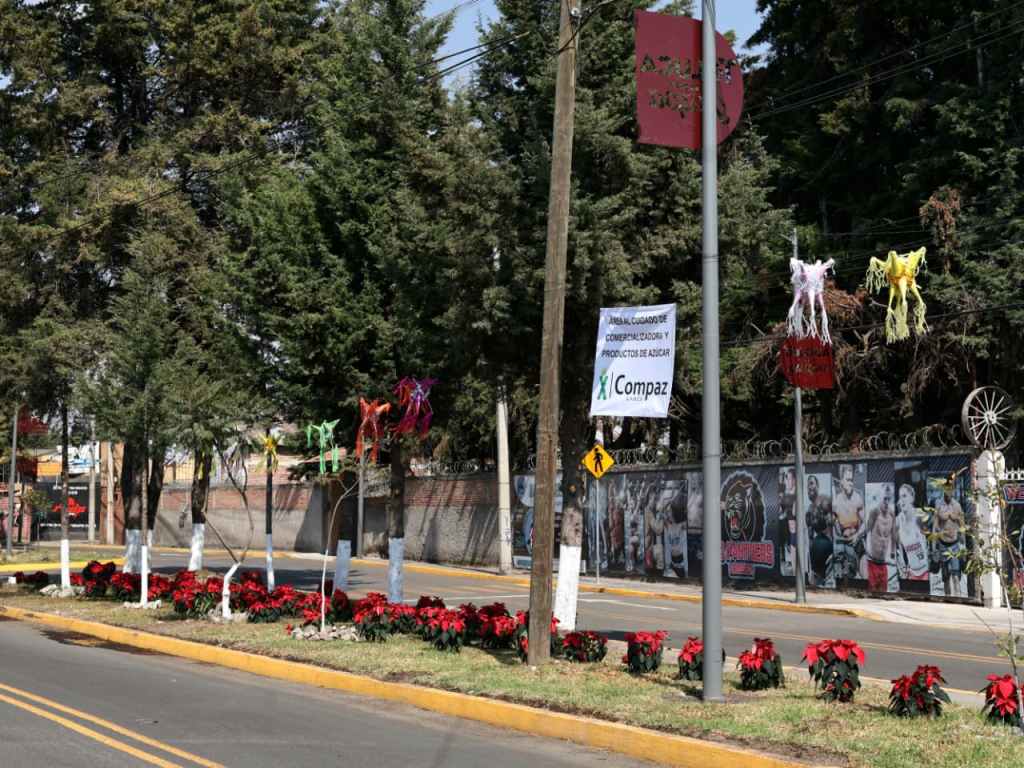 Vista de un sendero en La Crespa Floresta, decorado con flores rojas y adornos coloridos en los árboles, junto a una carretera con señalización. Al fondo, una malla con imágenes de diferentes actividades y personas.