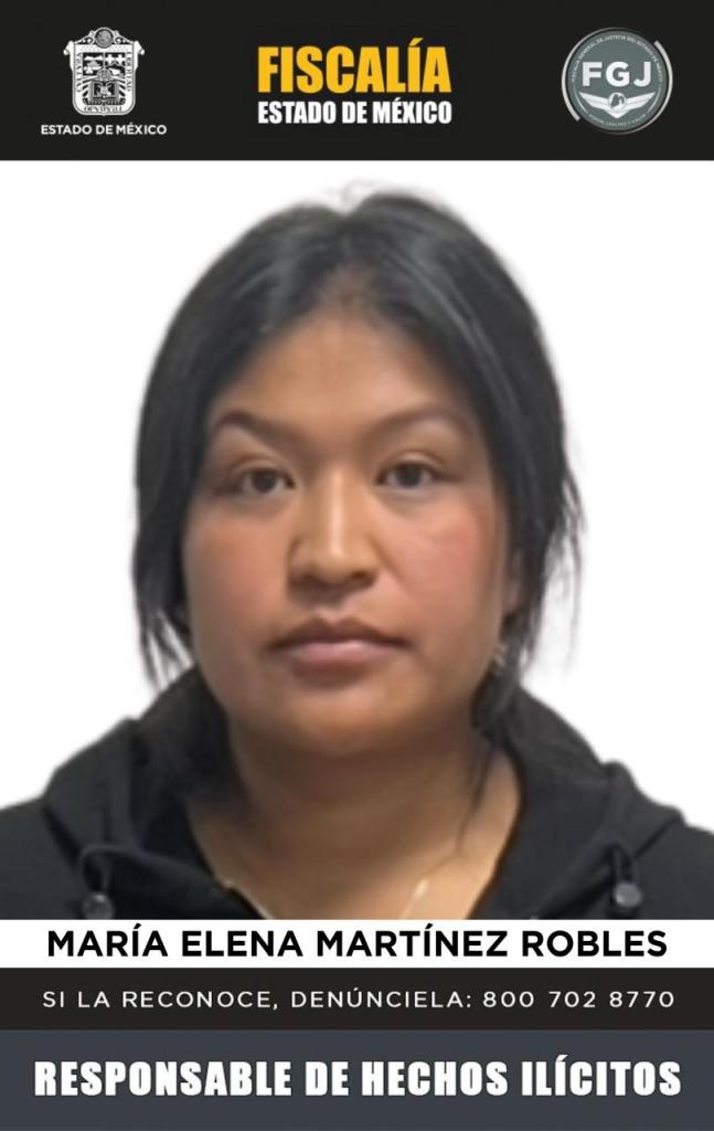 Cartel de búsqueda de María Elena Martínez Robles, responsable de hechos ilícitos, con información de contacto para denuncias.