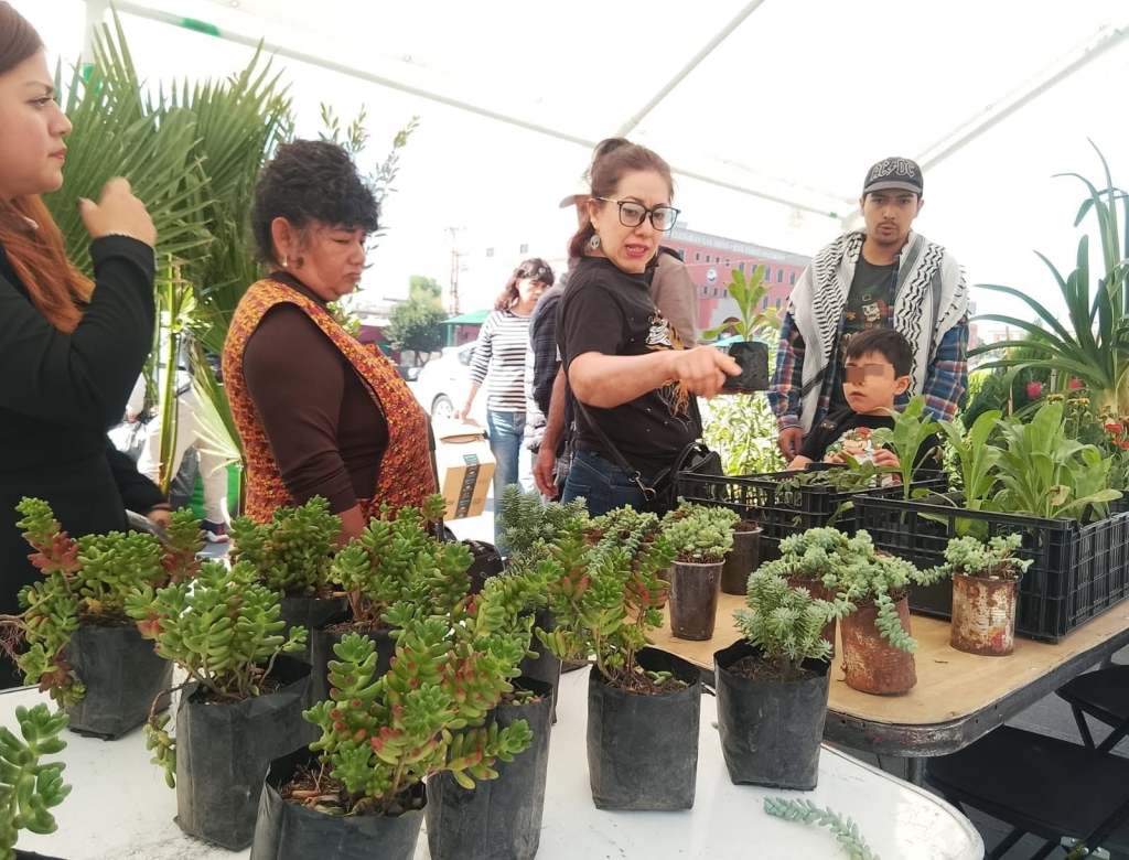 Un grupo de personas participa en un evento de educación ambiental, rodeados de plantas en macetas, mientras una mujer guía la actividad.