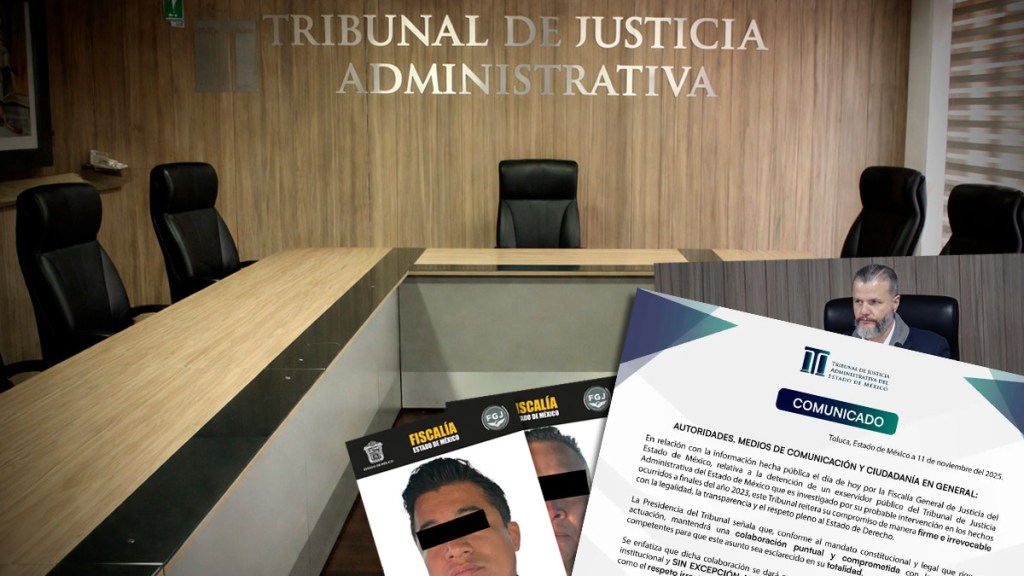 Interior del Tribunal de Justicia Administrativa, con un escritorio central y sillas vacías, mostrando un ambiente institucional.