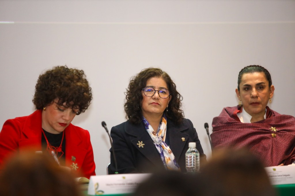 Three women seated at a panel discussion, two wearing colorful blazers and one in a shawl, engaged in conversation.