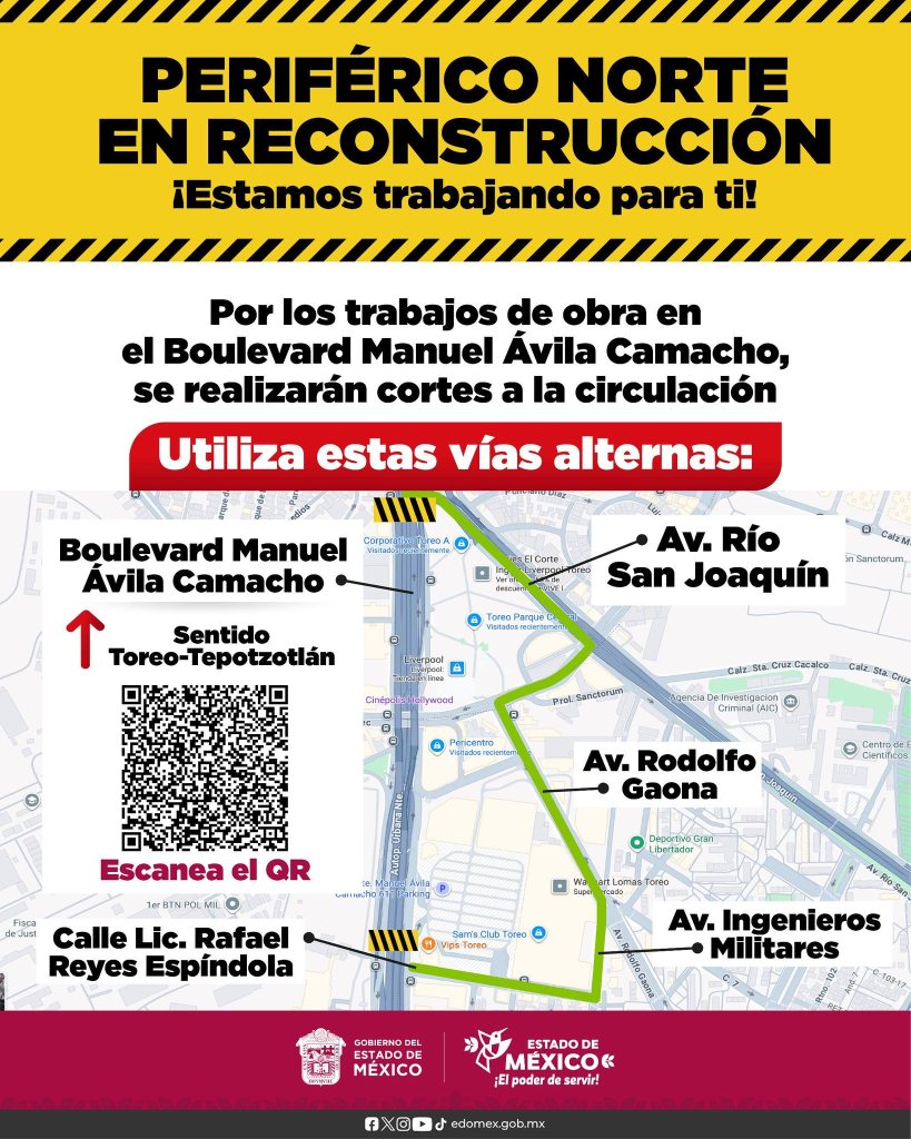 Mapa informativo sobre la reconstrucción del Periférico Norte, destacando rutas alternas y cortes de circulación en el Boulevard Manuel Ávila Camacho.