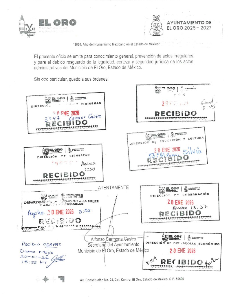 Documento oficial del Ayuntamiento de El Oro, Estado de México, con sellos de recepción de diferentes direcciones y fechas.