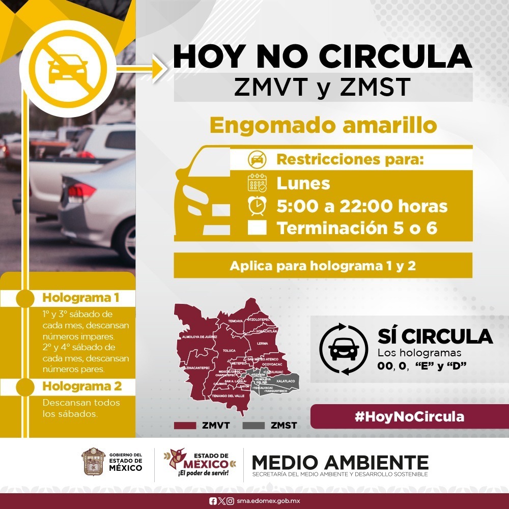 Gráfico informativo sobre el programa 'Hoy No Circula' con restricciones para vehículos según el engomado amarillo, horarios y tipos de hologramas.