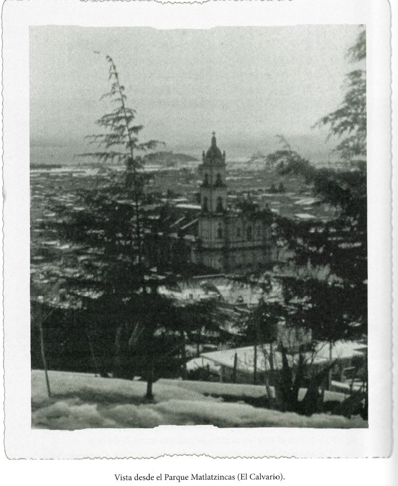 Vista panorámica de la ciudad desde el Parque Matlatzincas, mostrando la iglesia y árboles en primer plano.