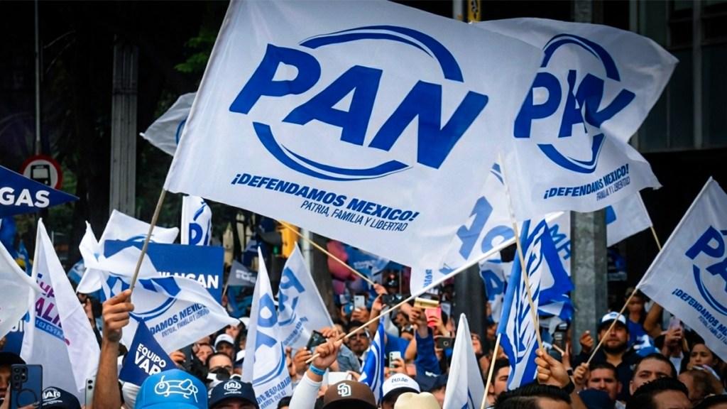 Manifestación con banderas del Partido Acción Nacional (PAN) en apoyo a sus ideales, con el lema '¡Defendamos México!' en un ambiente de entusiasmo.