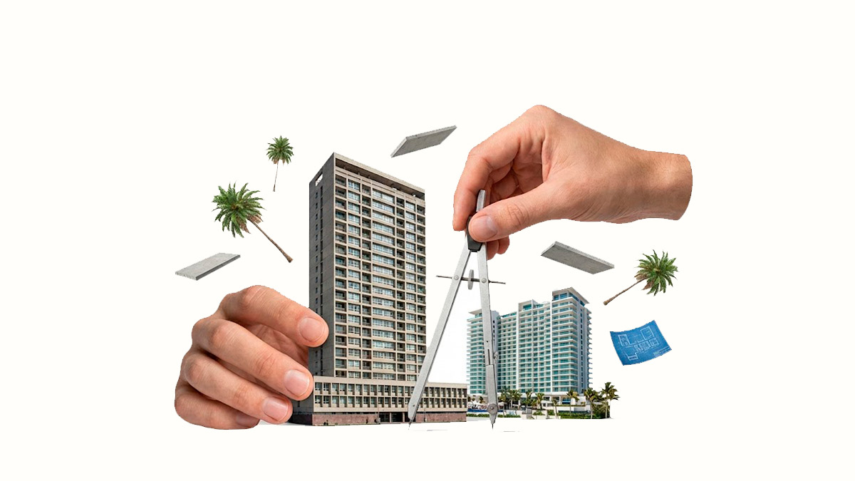 Una mano sostiene un compás frente a un edificio alto, rodeado de planos y palmeras.