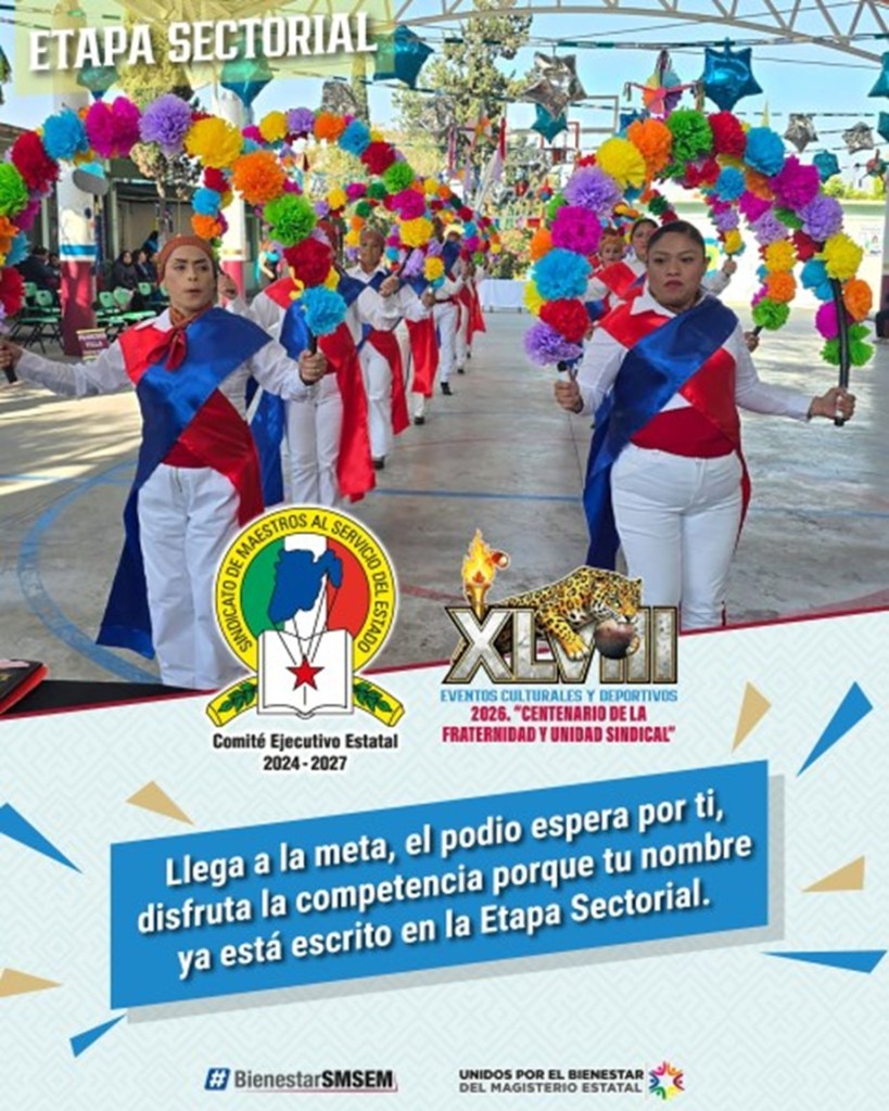 Participants dressed in uniforms perform a dance with colorful pom-poms in a festive indoor setting. Text on the image promotes an upcoming sporting and cultural event by the state teachers' union.