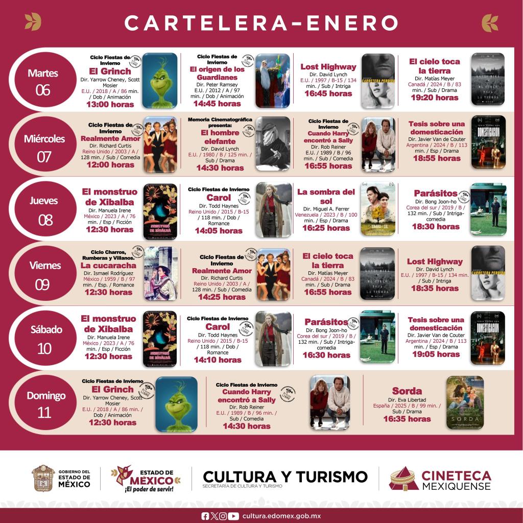 Cartelera de películas en la Cineteca Mexiquense para enero, incluyendo títulos y horarios.