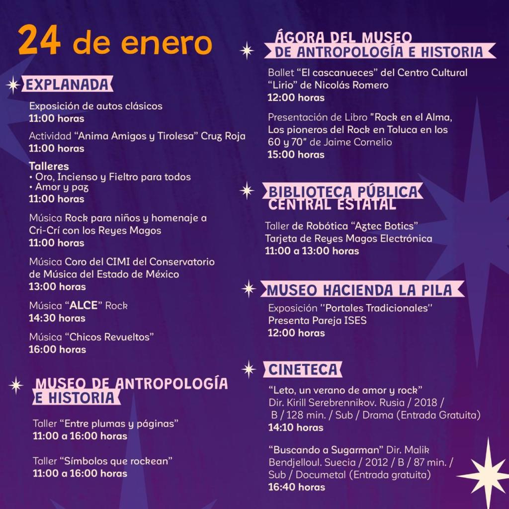 Event schedule for January 24 featuring various activities, workshops, music performances, and exhibitions at multiple locations, including a classic car exhibition, rock music for children, and cultural presentations at museums and libraries.