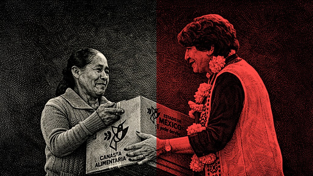 Una mujer sonriente recibe una caja de alimentos de otra mujer, en un ambiente de colaboración y apoyo social.