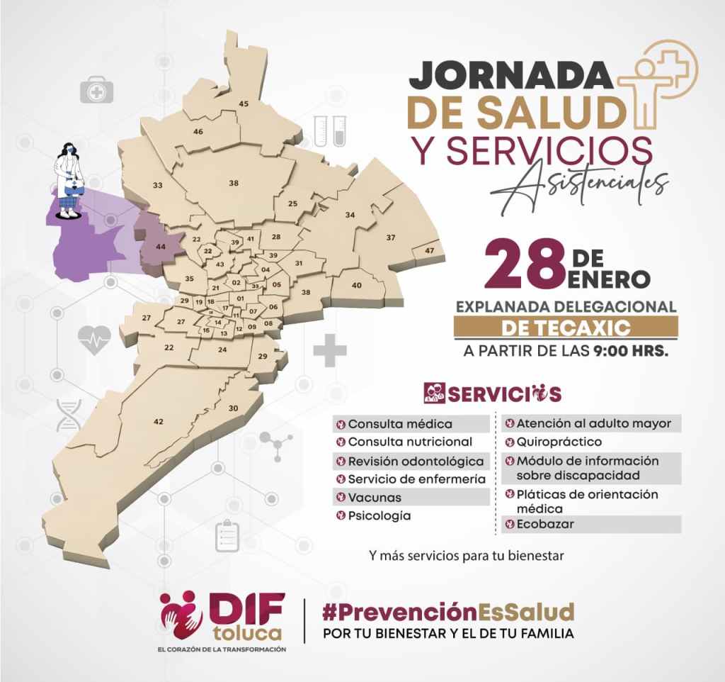 Map of Tecaxic showing locations for a health and assistance services event on January 28, featuring various health services such as medical consultations, nutritional advice, and vaccinations.
