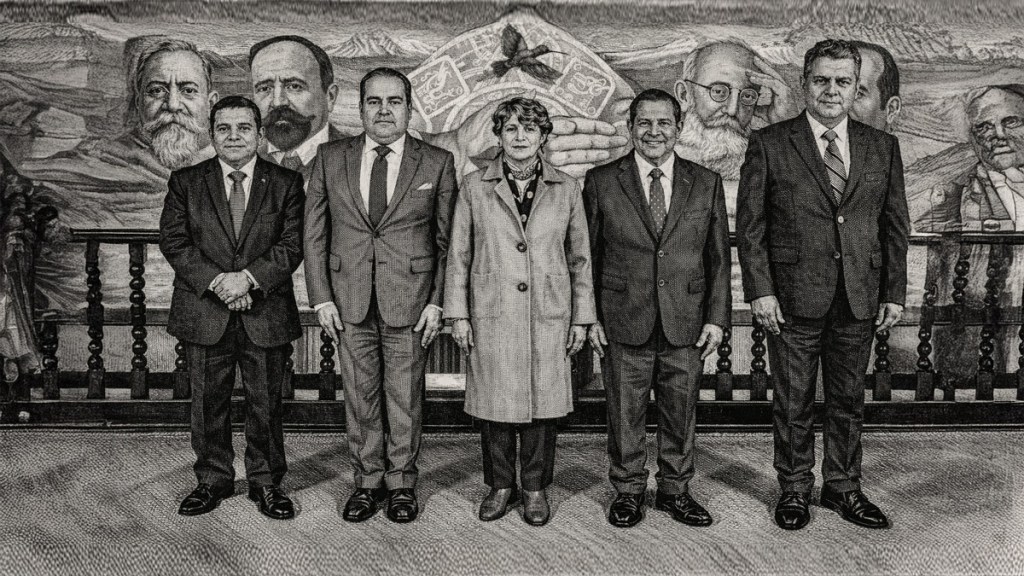 Grupo de cinco personas posando en un ambiente formal frente a un mural histórico.