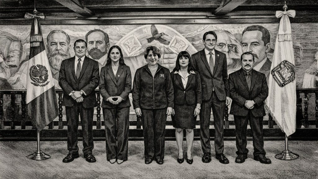 Retrato de grupo de seis personas en un entorno institucional con banderas de México, frente a un mural con figuras históricas.