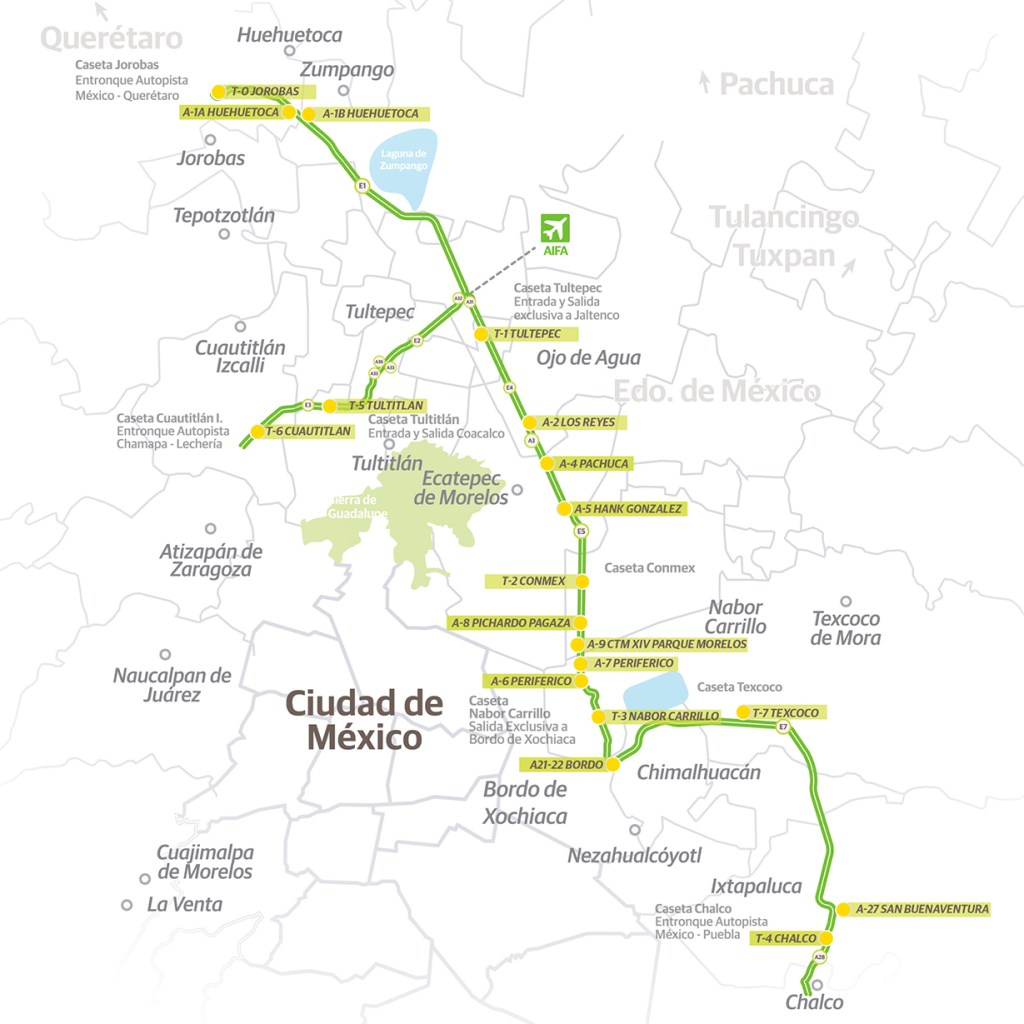 Mapa del sistema de autopistas y salidas de la Ciudad de México, mostrando rutas y casetas en las áreas circundantes.