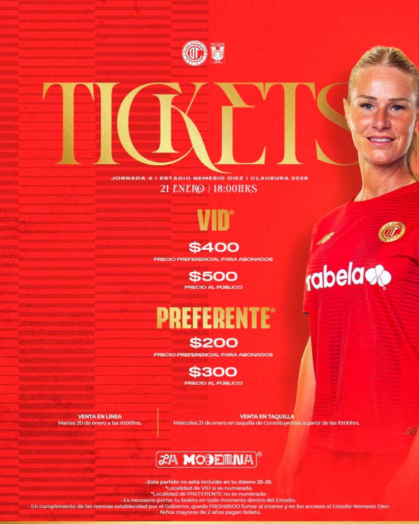 Ticket information for a soccer match at Estadio Nemesio Diez on January 21, showcasing pricing details for different seating categories.
