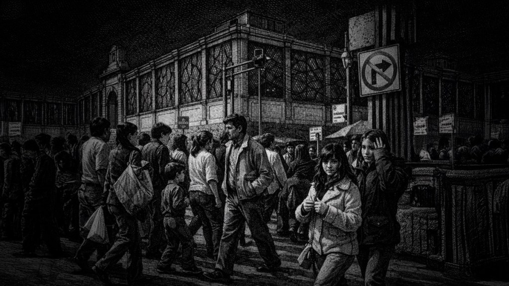 Una multitud de personas caminando en una calle concurrida, con un edificio de fondo y señales de tráfico presentes.