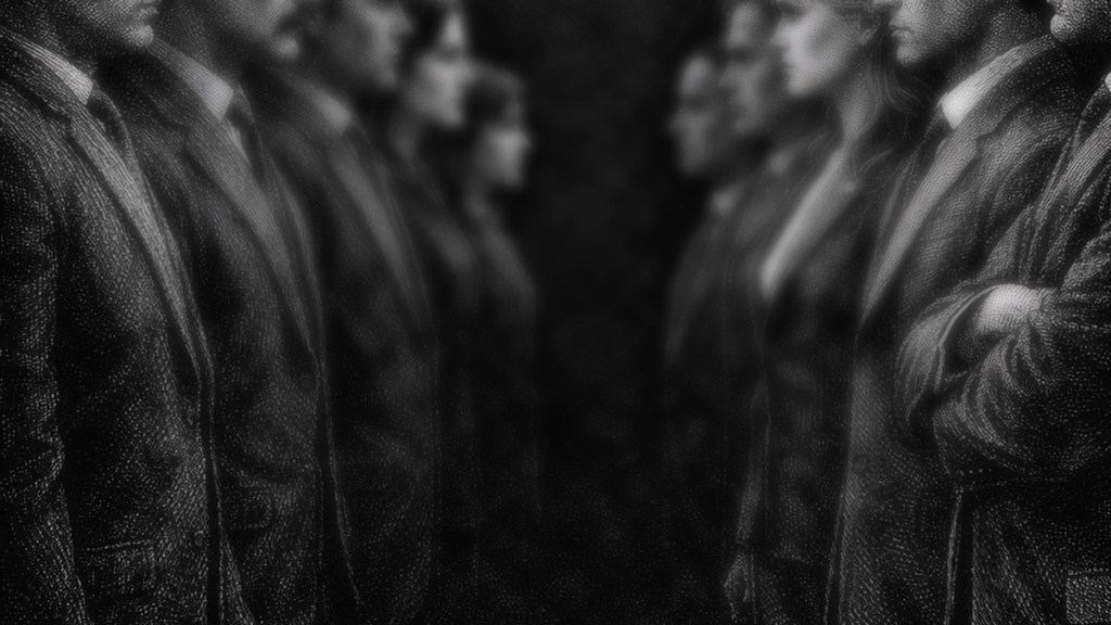 Grupo de personas en trajes formales en un fondo oscuro, retratados de perfil con un efecto artístico difuminado.