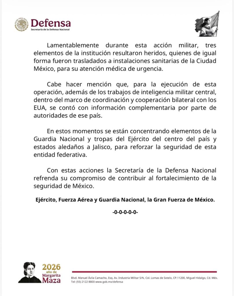 Comunicado de la Secretaría de la Defensa Nacional sobre acciones militares y heridos en México.